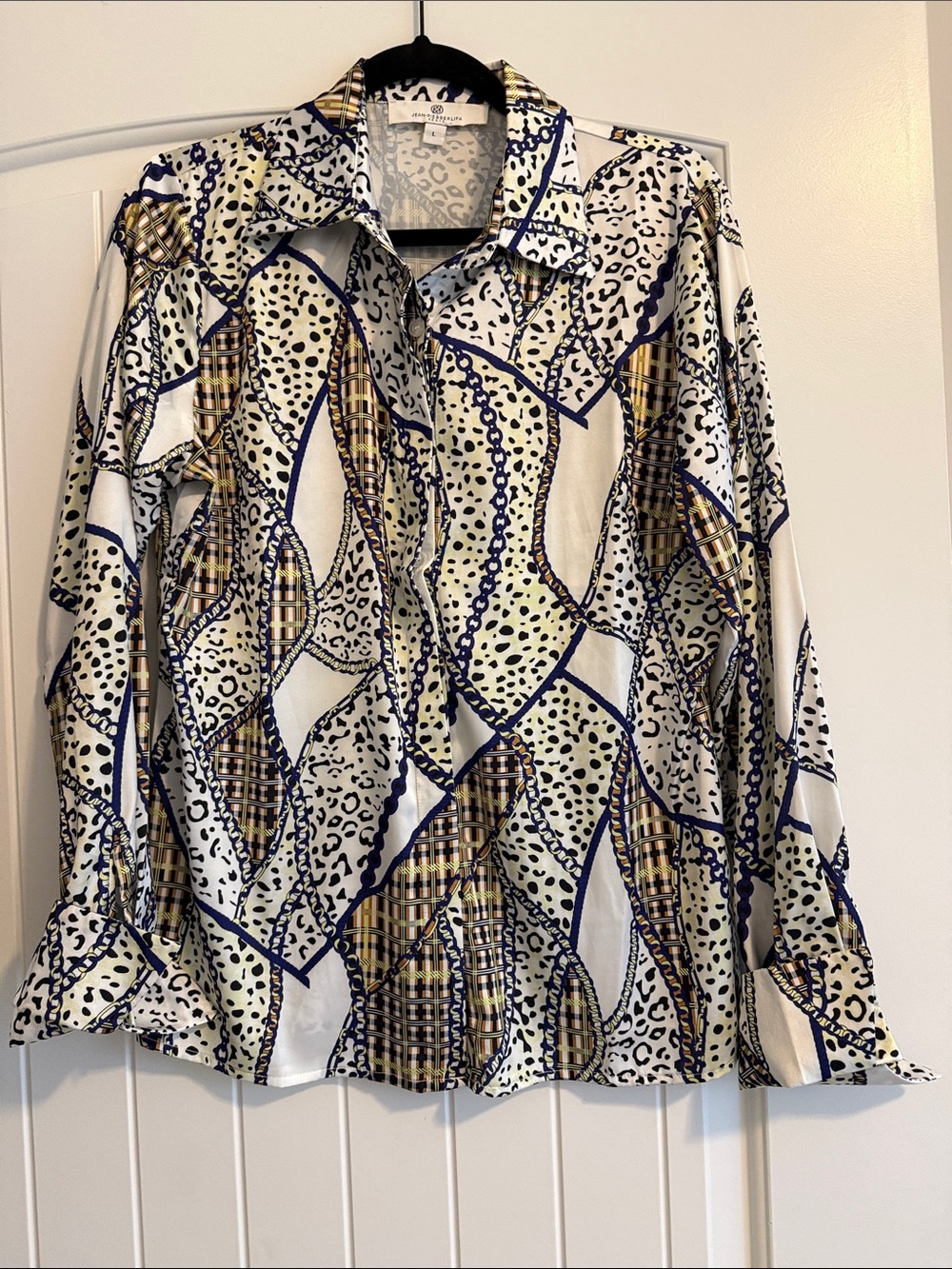 Long-Sleeve Printed Button-Up Blouse in White, Navy & Yellow